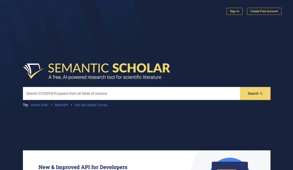 A screenshot of the Semantic Scholar homepage