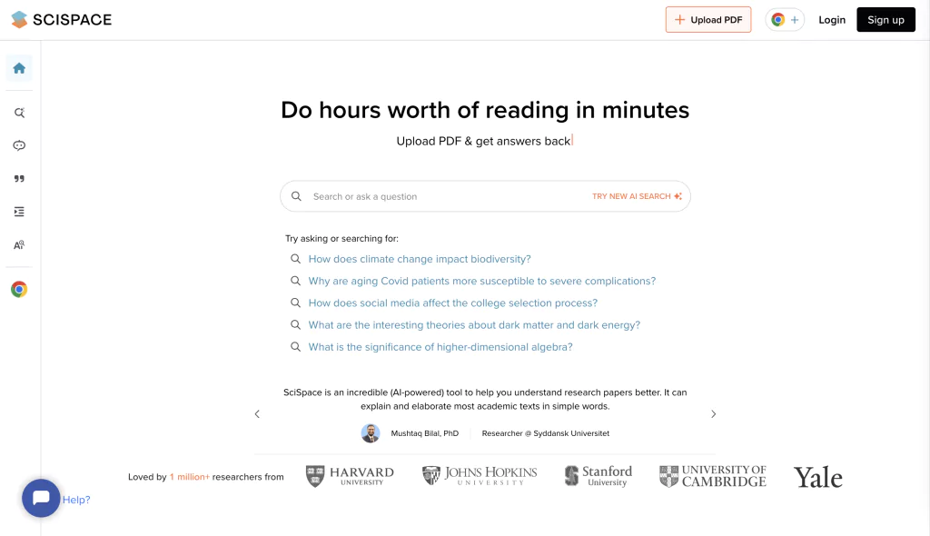 A screenshot of the Scispace homepage