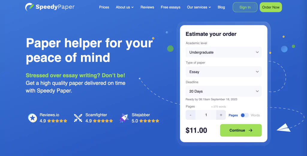 A screenshot of the SpeedyPaper homepage from the list of best essay services
