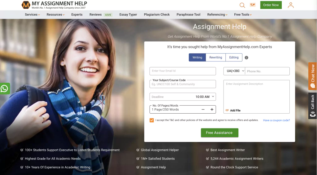 A screenshot of the MyAssignmentHelp homepage