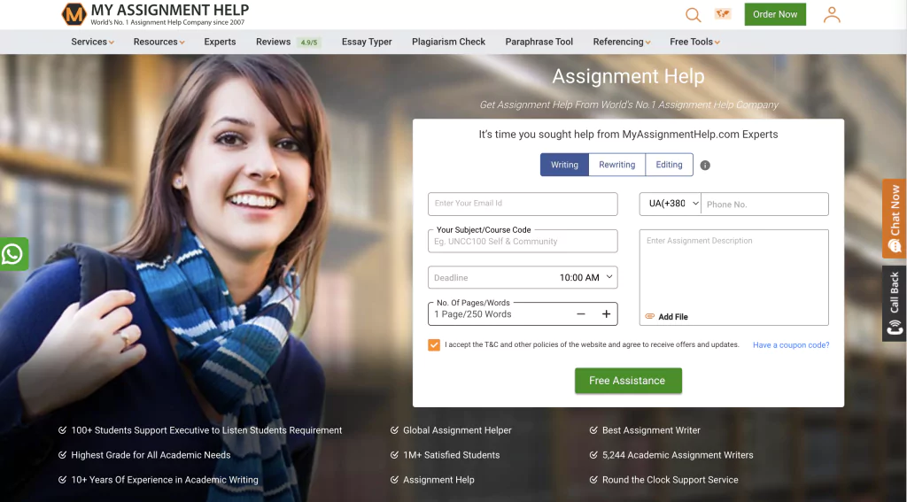 A screenshot of the MyAssignmentHelp homepage from the list of college paper writing services