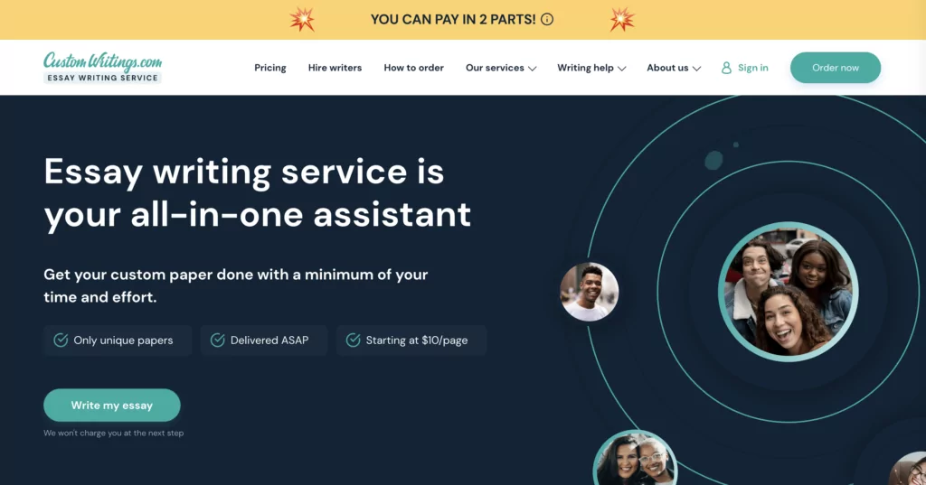 A screenshot of the CustomWritings homepage from the list of essay writing services
