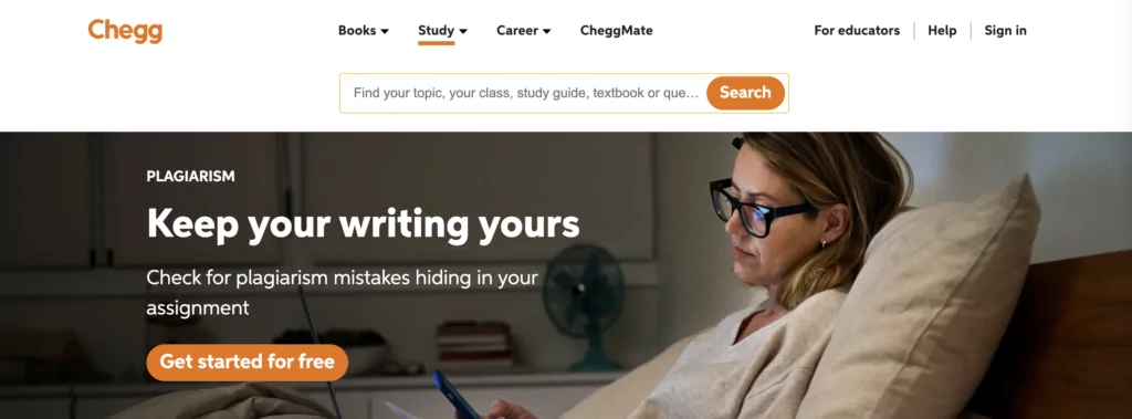 A screenshot of the Chegg homepage from the list of plagiarism checkers