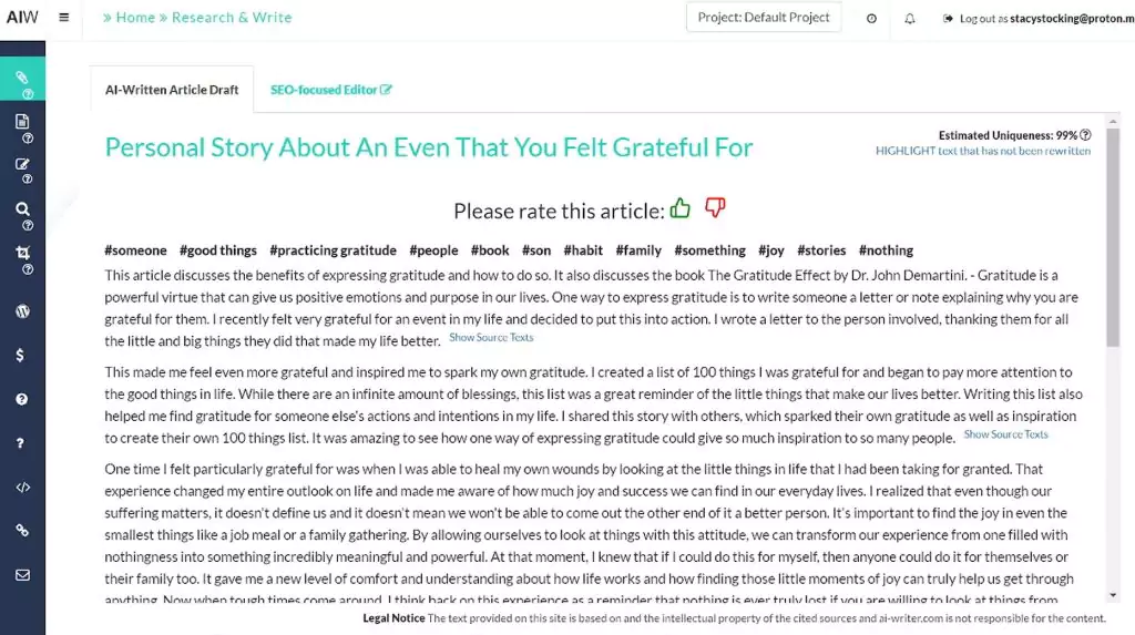 A screenshot of generated essay at AI-Writer