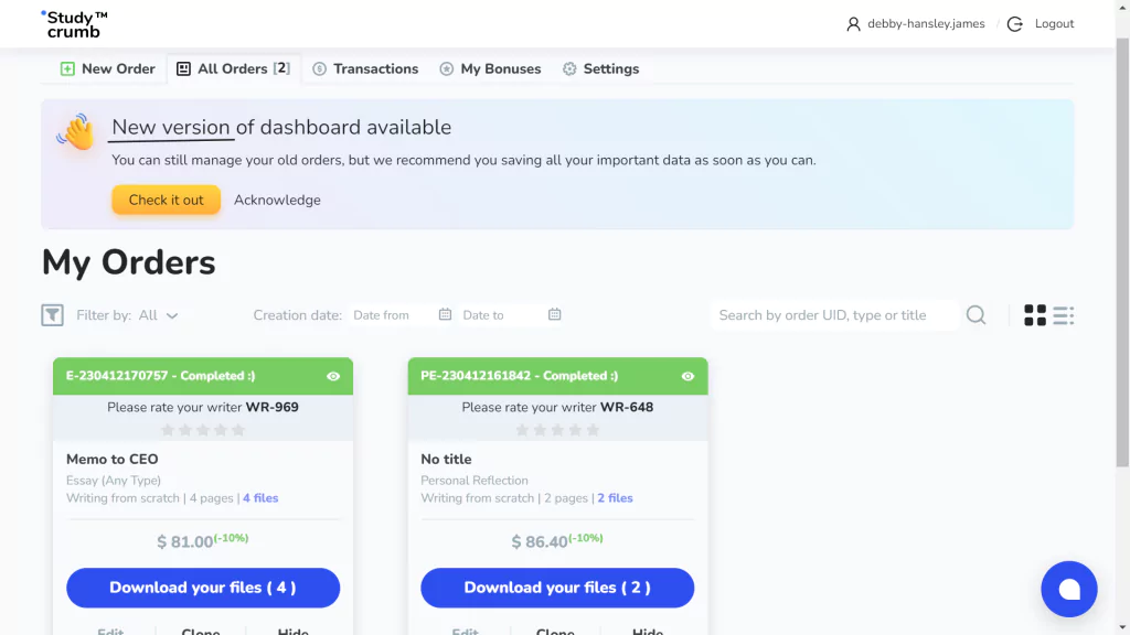 A screenshot of Studycrumb dashboard