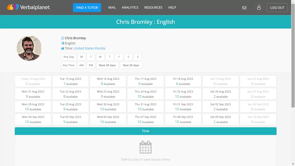 A screenshot of lesson scheduling at Verbal Planet