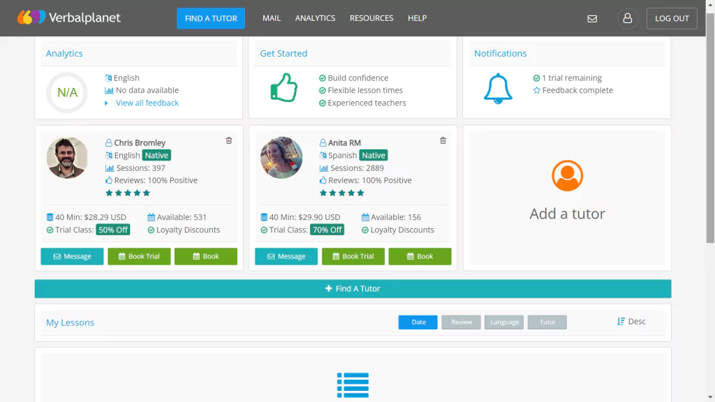 A screenshot of Verbalplanet dashboard