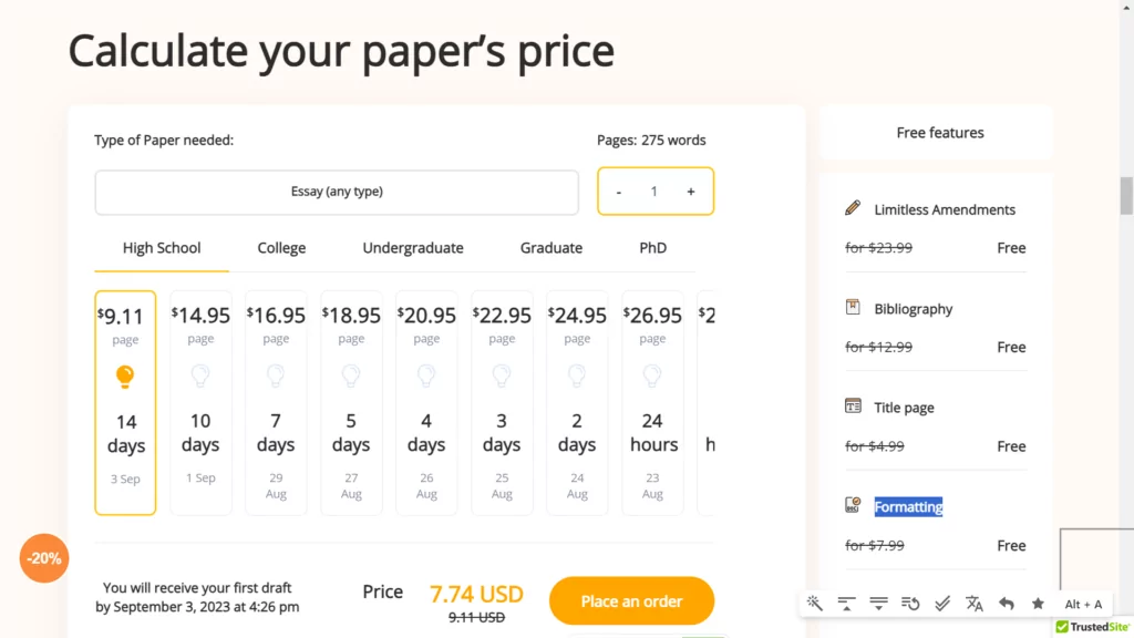 A screenshot of pricing options at Wiseessays