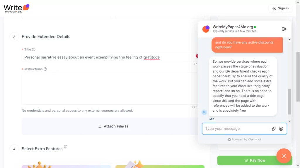 A screenshot of a customer support chat at Write My Paper 4 Me