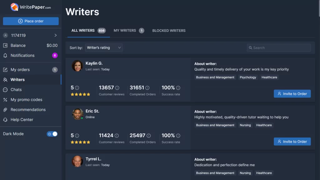 A screenshot of writer browsing at WritePaper 