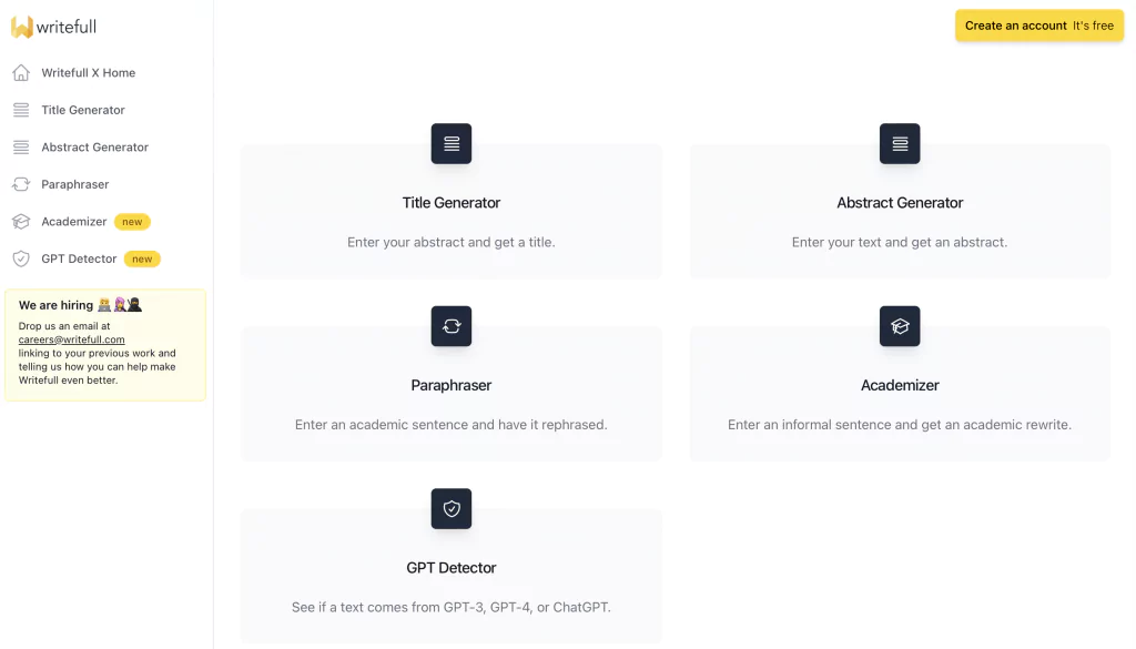 Dashboard at Writefull ai