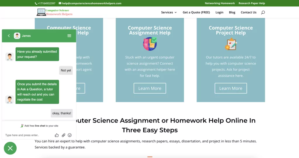 A screenshot of talking to Support at ComputerScienceHomeworkHelp 