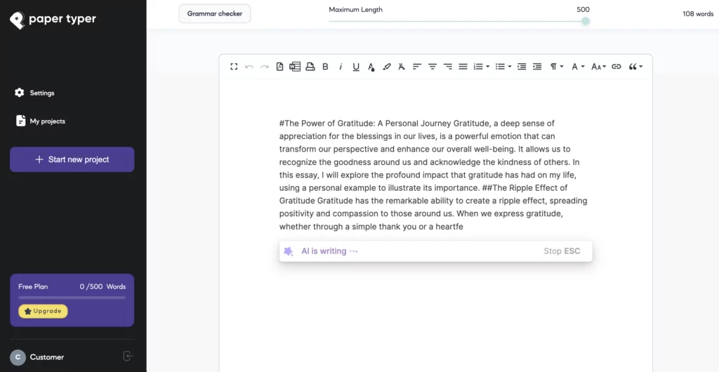 A screenshot of an AI Writer at PaperTyper 