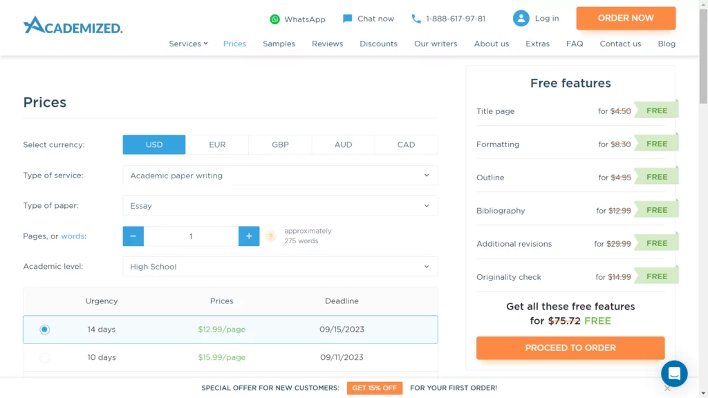 A screenshot of pricing plans at Academized 