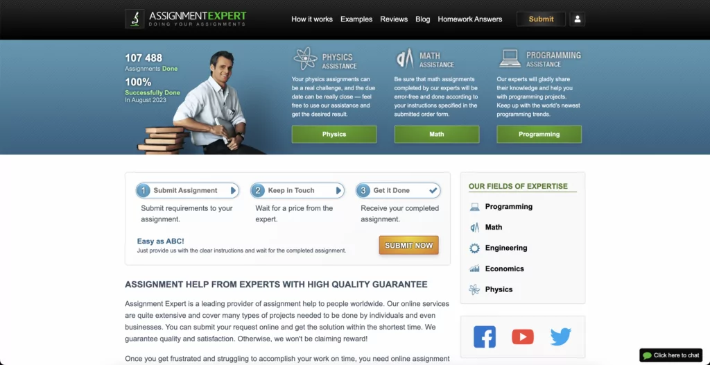 A screenshot of the main page at AssignmentExpert 