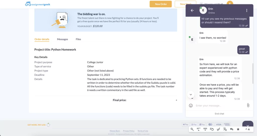 A screeenshot of customer support at AssignmentGeek 
