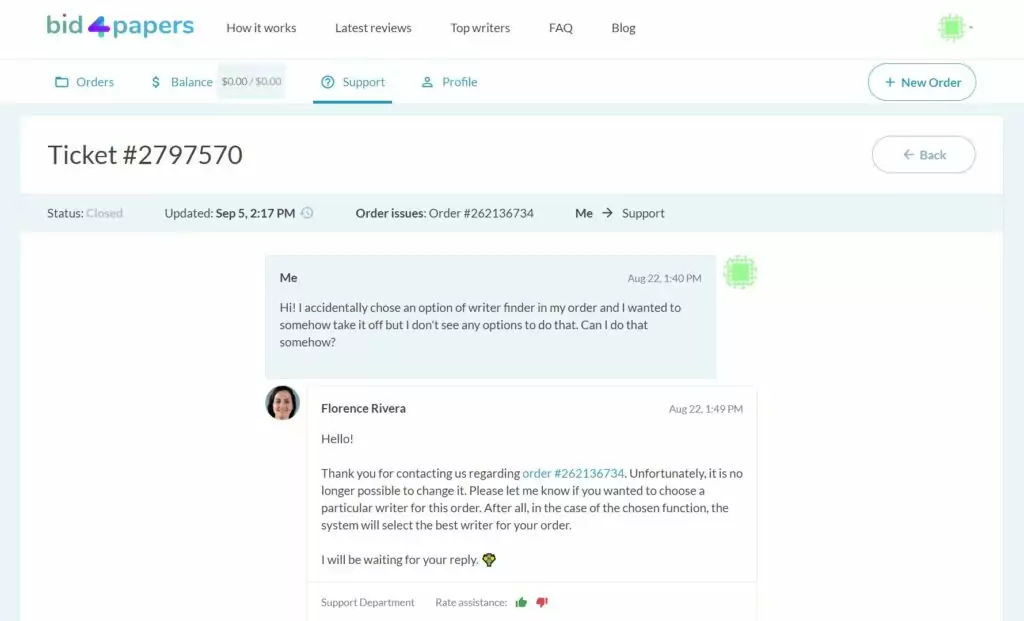 A screenshot of communication with support at Bid4Papers