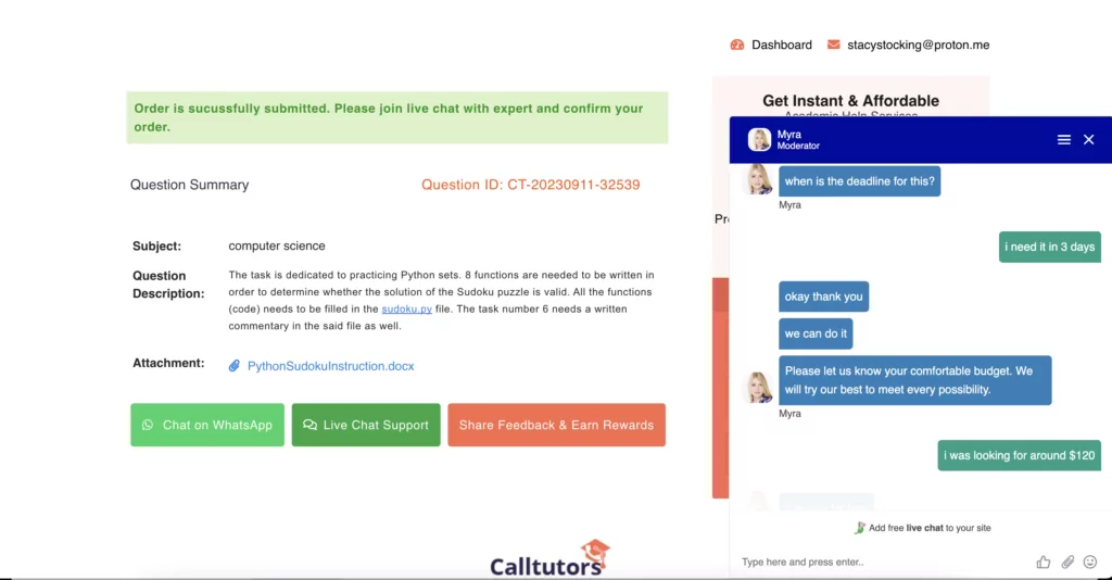 A screenshot of talking to support at CallTutors Talking 