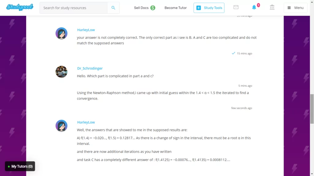 A screenshot of communicating with Tutor at Studypool 