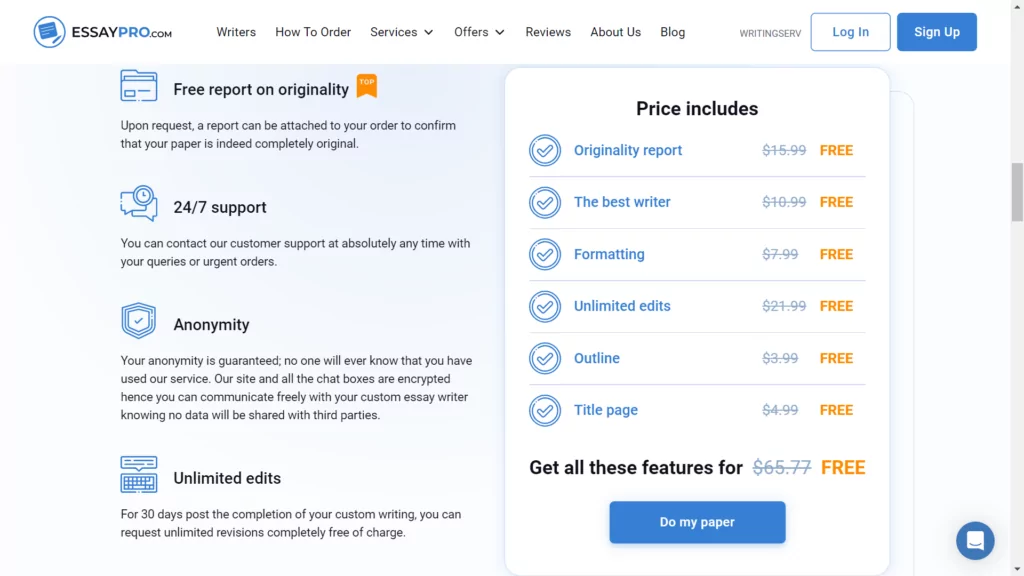 A screenshot of Pricing plans at EssayPro