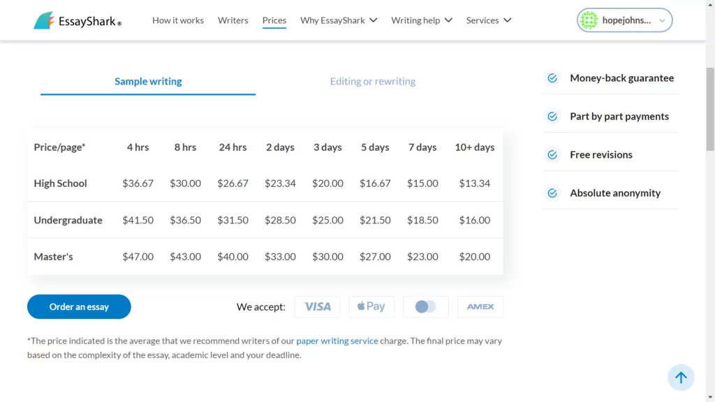 A screenshot of pricing options at EssayShark 