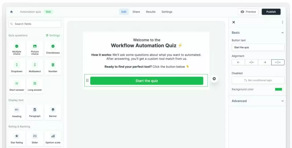 A screenshot of Automation quiz at Fillout