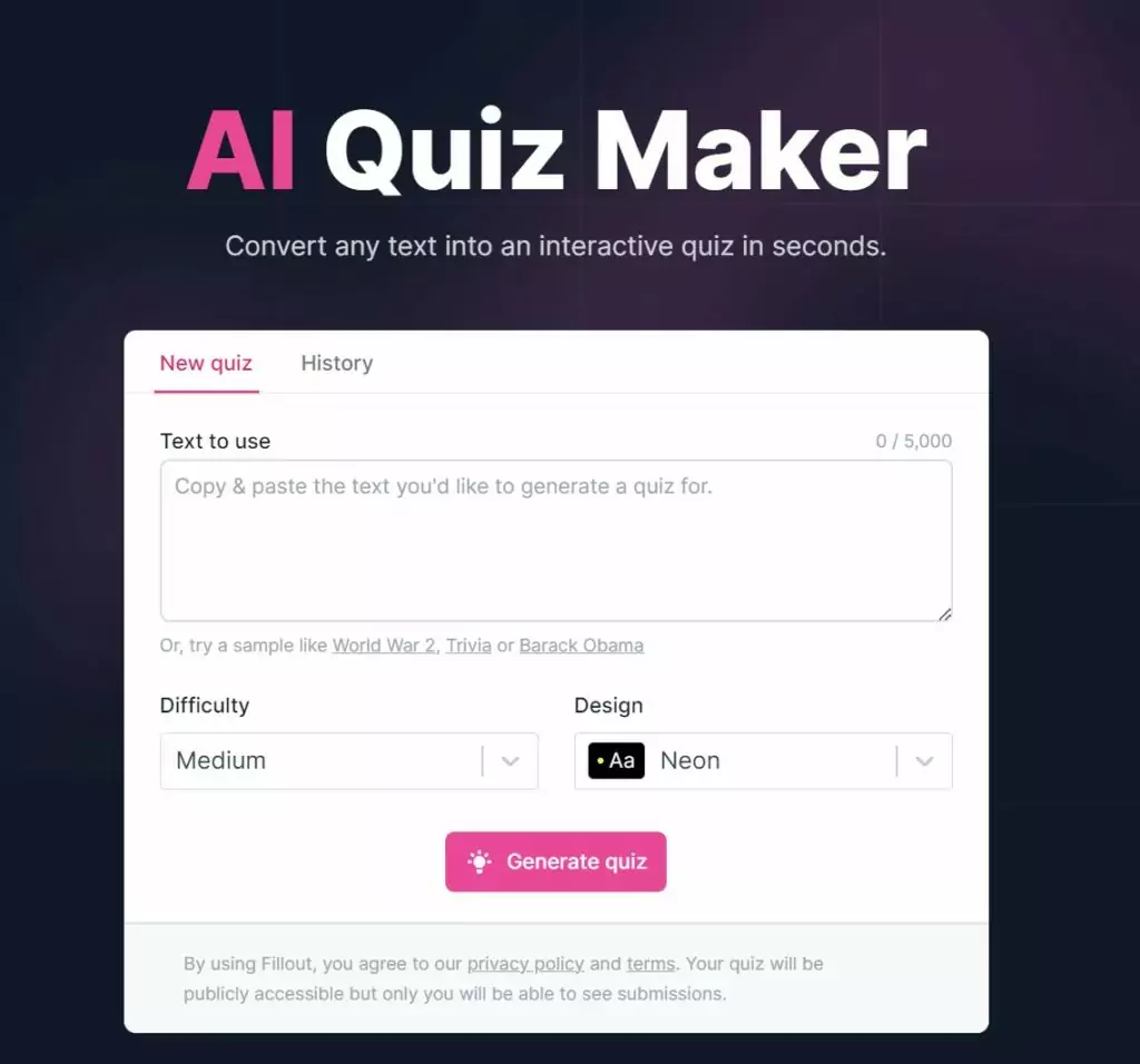 A screenshot of AI quiz maker by Fillout