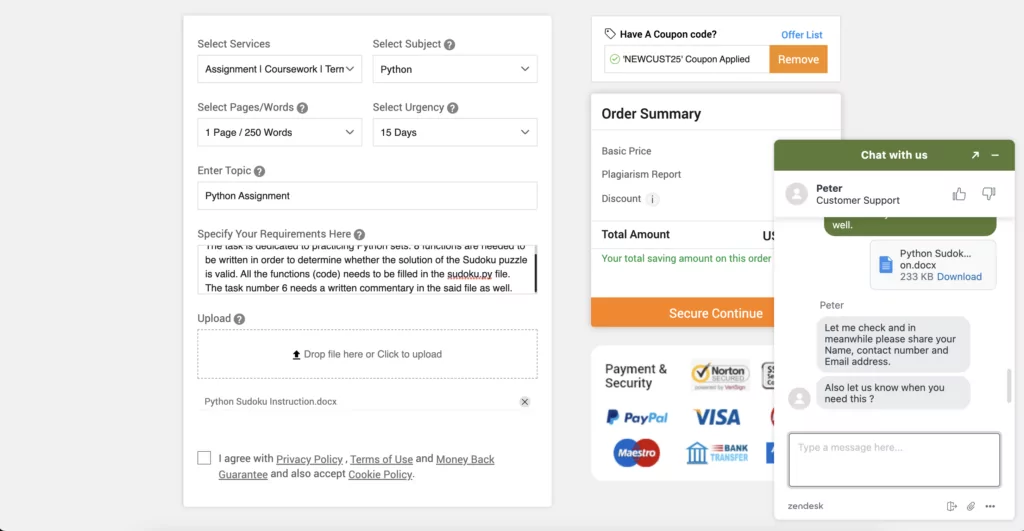A screenshot of an order form at GlobalAssignmentHelp 