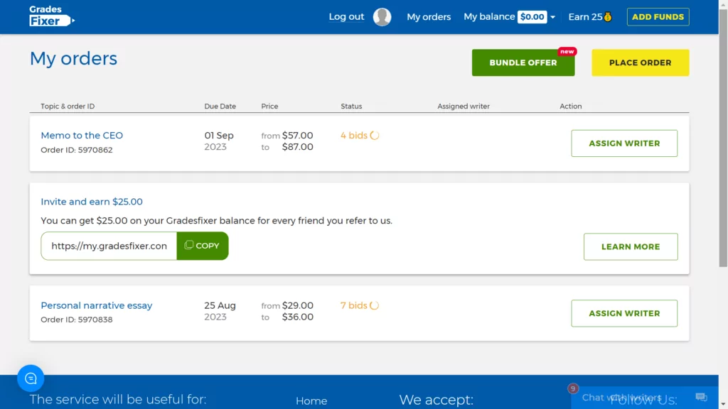 A screenshot of a dashboard at Gradesfixer.com