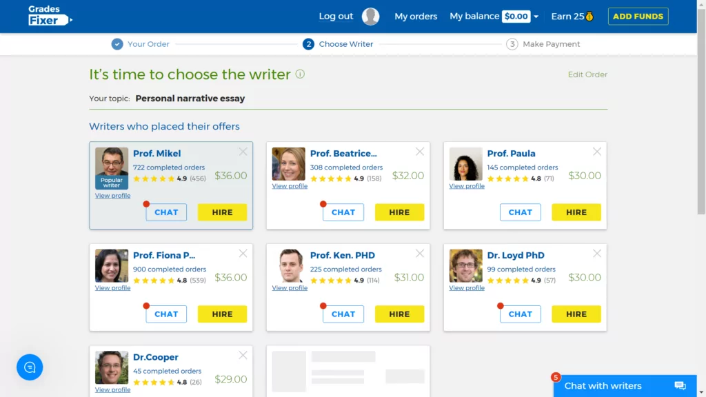 A screenshot of writers selection at Gradesfixer