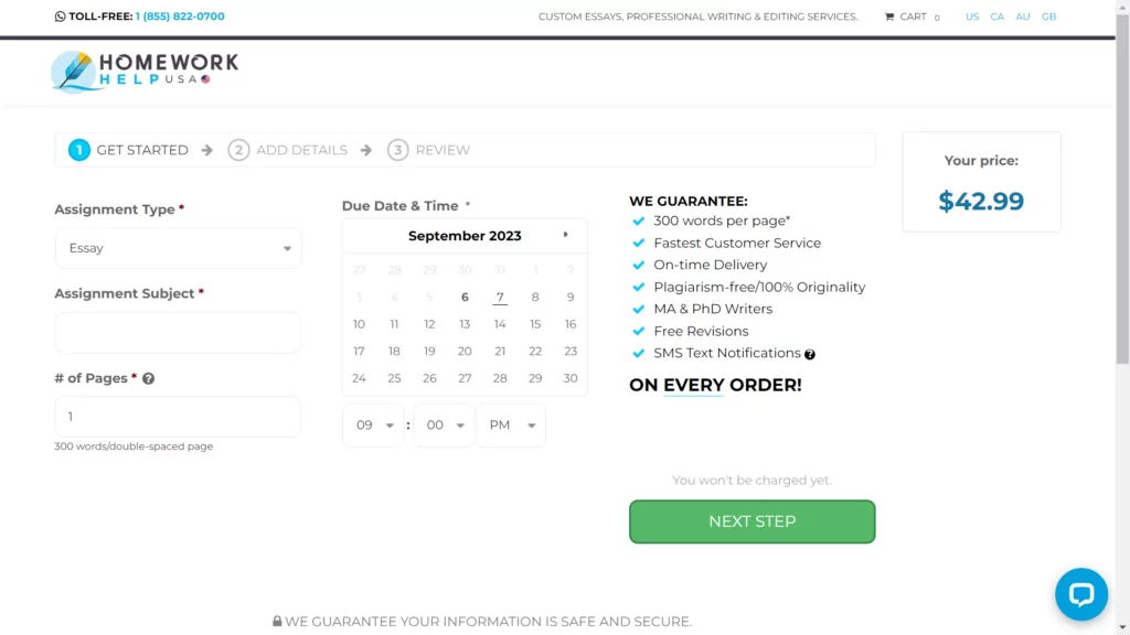 A screenshot of an order form at HomeWorkHelpGlobal 