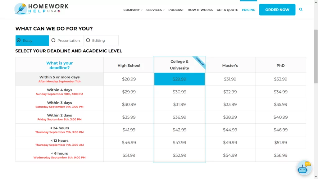 A screenshot of pricing plans at HomeWorkHelpGlobal 