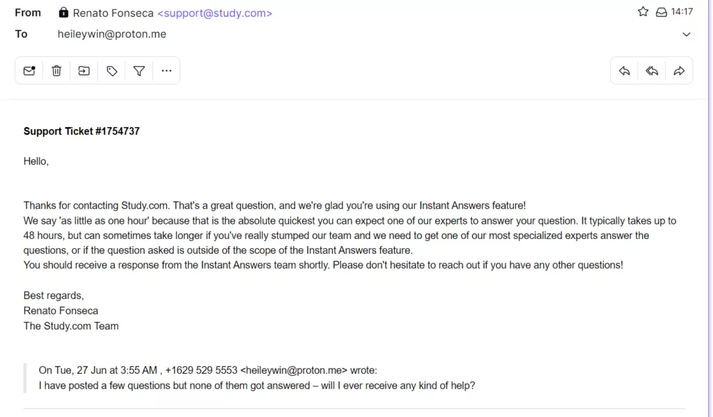 A screenshot of an interaction with customer support at Study.com 