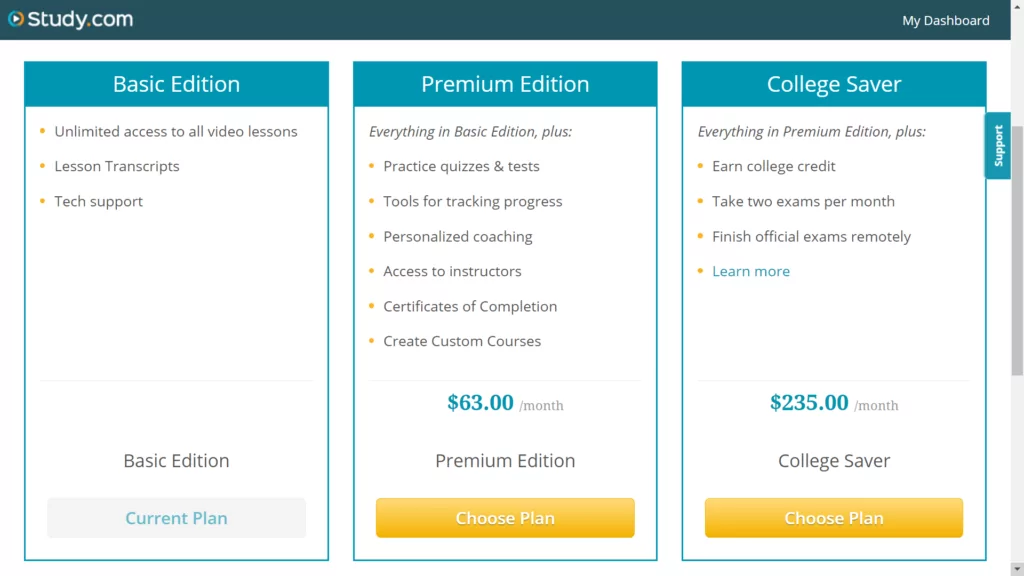 A screenshot of Monthly plans at Study.com