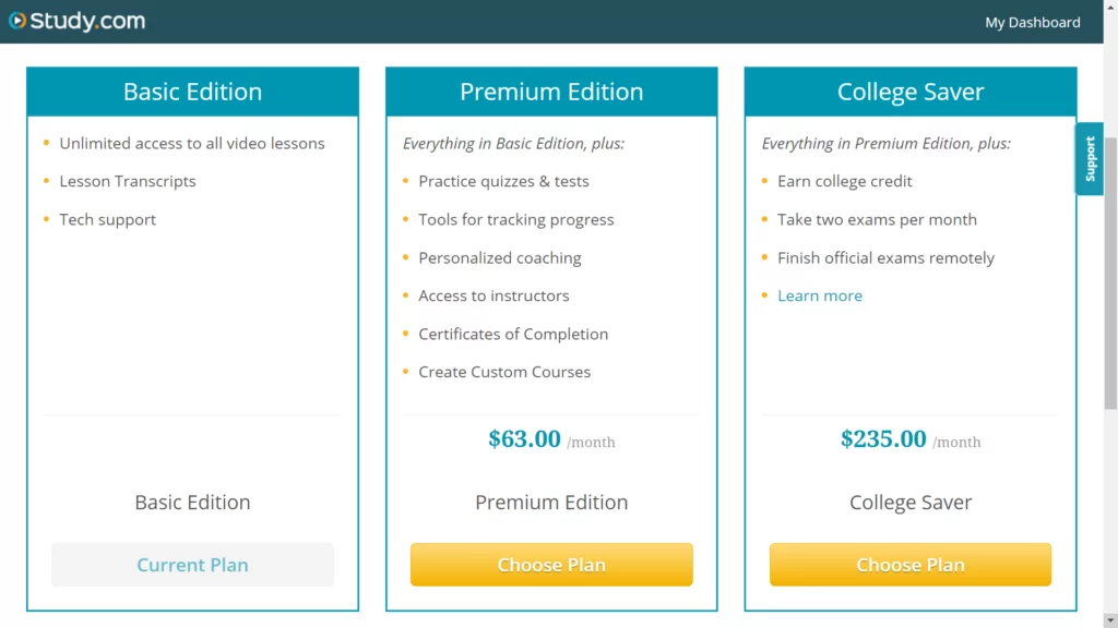 A screenshot of Monthly plans at Study.com 