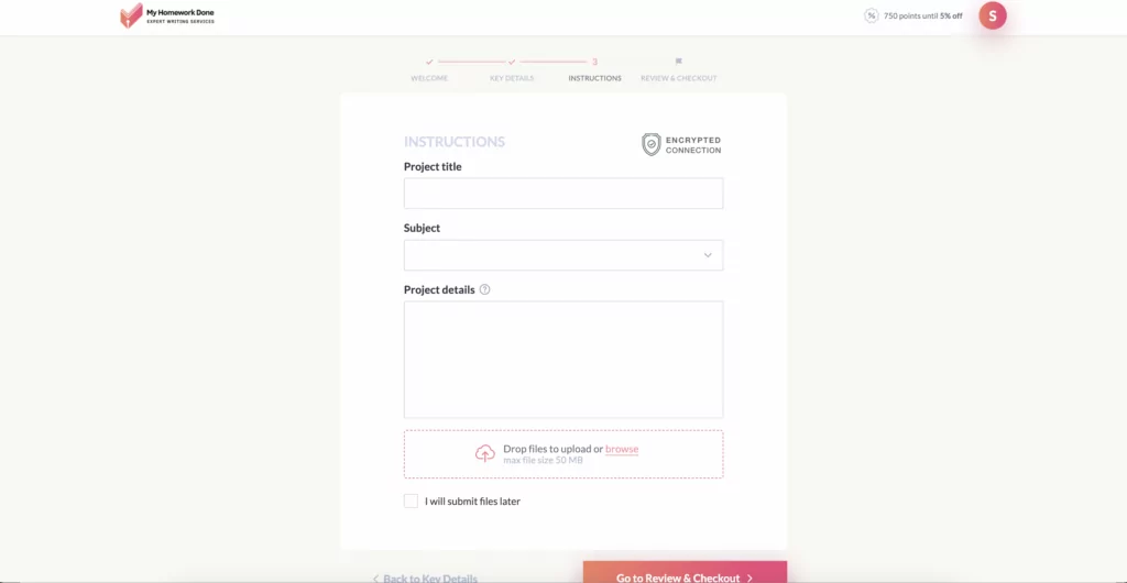 A screenshot of an order form at MyHomeworkDone 