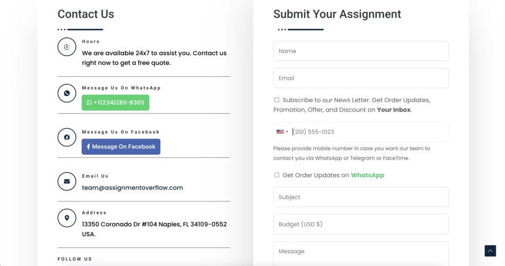 A screenshot of an order form at Assignment Overflow 