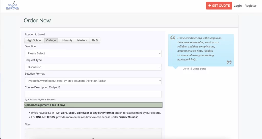A sceenshot of an order form at HomeworkDoer 