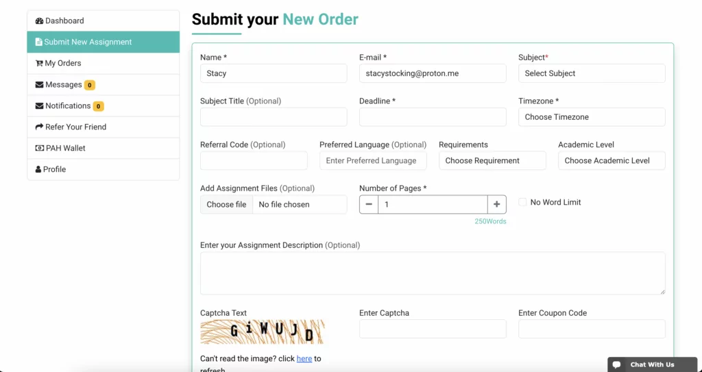A screenshot of an order form at TheProgrammingAssignmentHelp 
