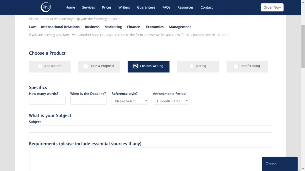 A screenshot of the order form at Original PhD