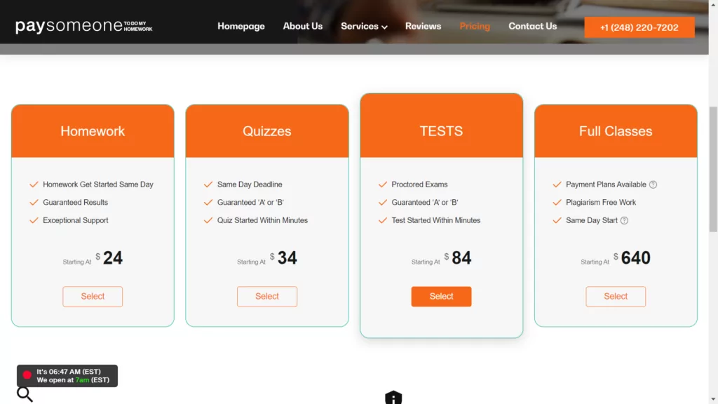 A screenshot of pricing options at PaySomeonetoDoMyHomework 