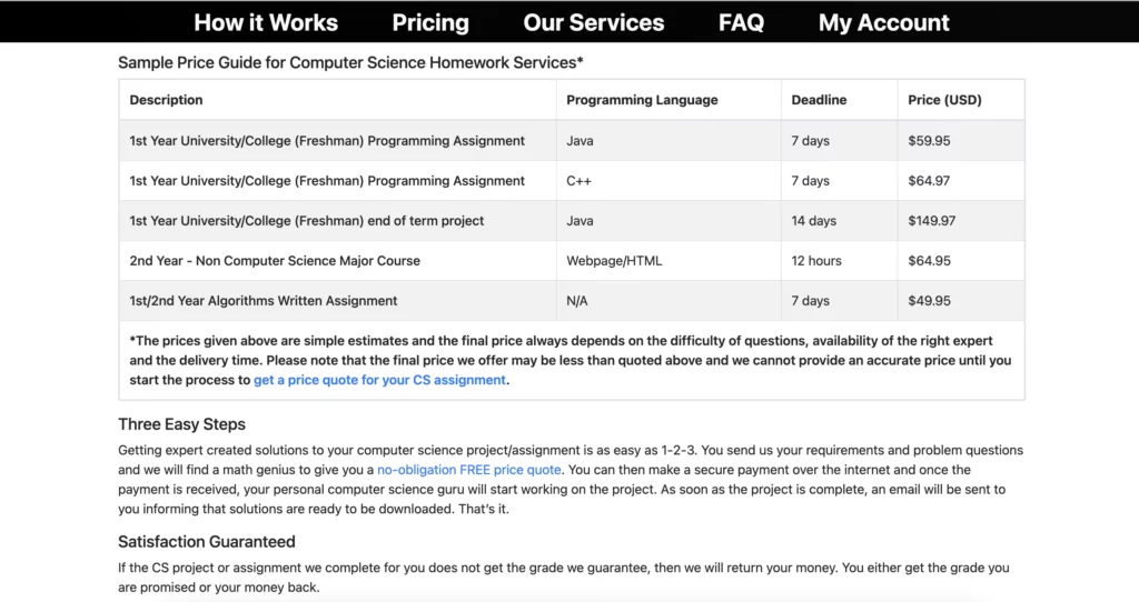 A screenshot of a pricing guide at MyComputerScienceHomework 