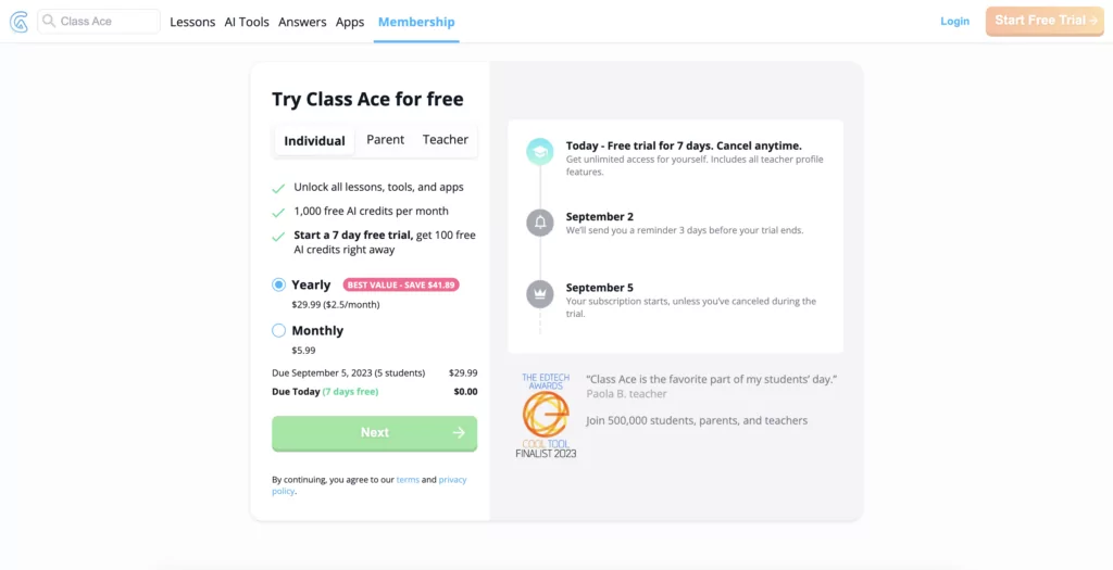 Pricing Plans at Classace