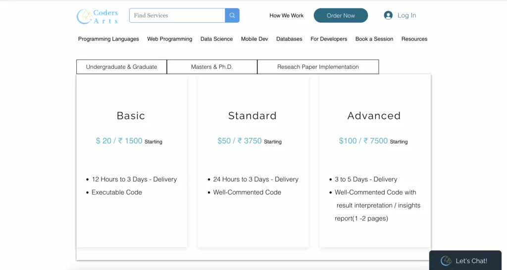 A screenshot of pricing at CodersArts 