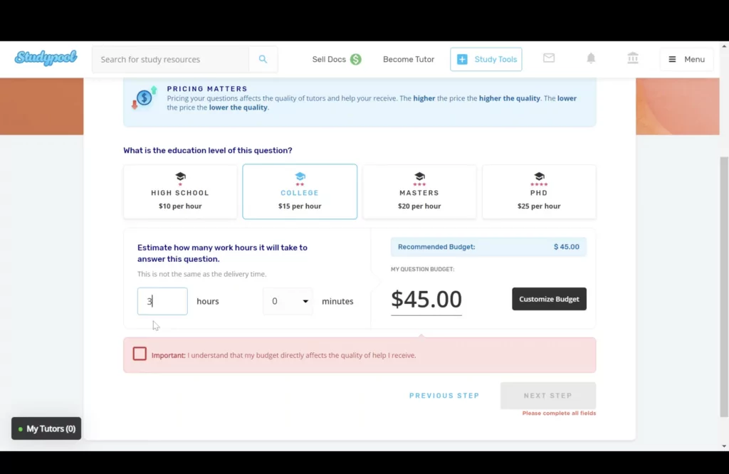 A screenshot of pricing options at Studypool