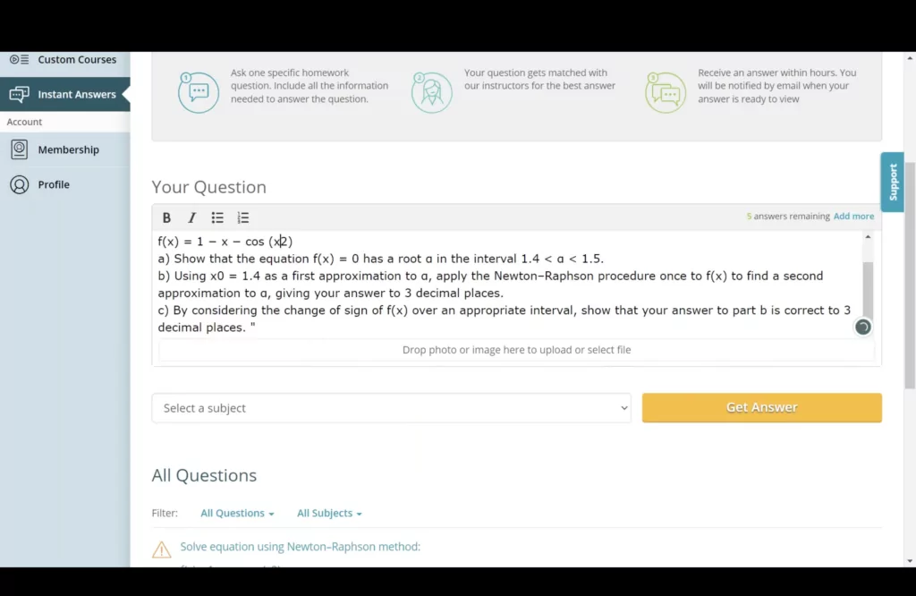 A screenshot of submitting the question at Study.com 