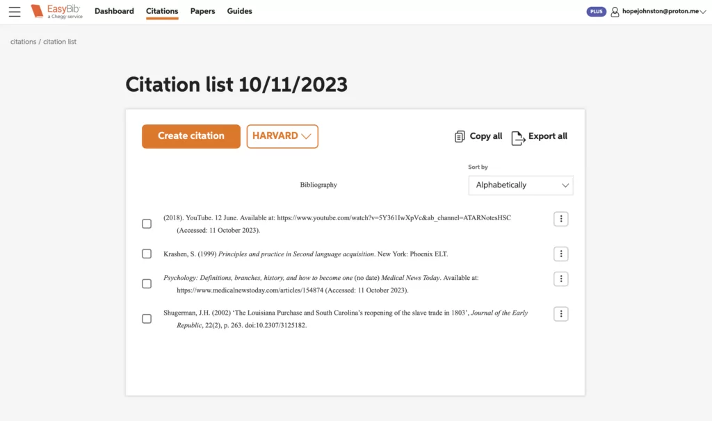 A screenshot of user's bibliography at EasyBib