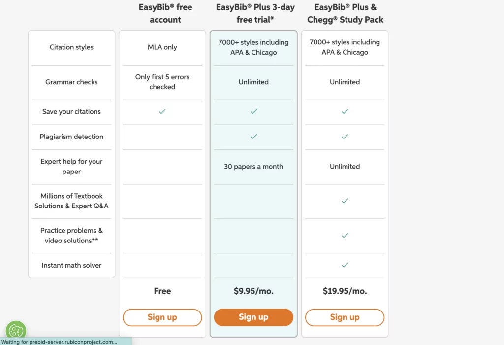 Subscription plans and features at Easy Bib