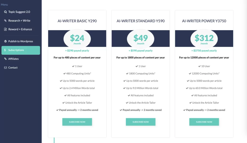 A sceenshot of pricing plans and features at AI-Writer if paid annually 