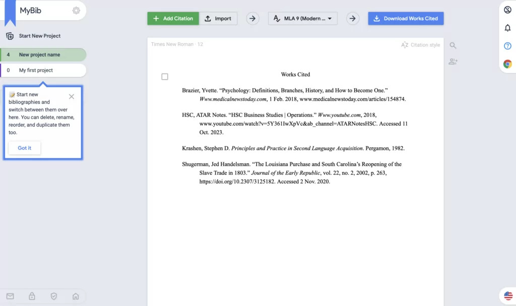 A screenshot of user's bibliography at MyBib